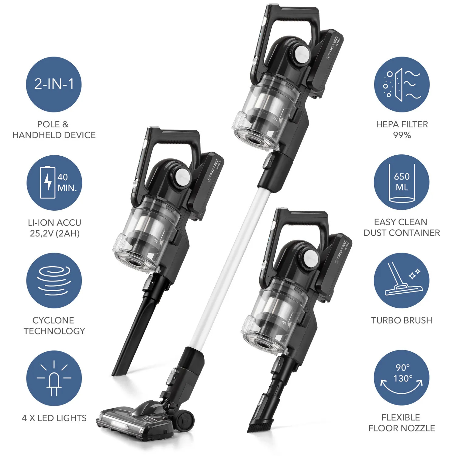 TROTEC® 2 σε 1 Ασύρματη Επαναφορτιζόμενη Ηλεκτρική Σκούπα Χειρός Όρθια με 3 Ακροφύσια - Φίλτρο HEPA - LED Φως & Βάση Στήριξης